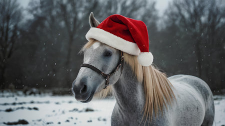 Beautiful gray horse wearing red santa claus hat on winter fieldの素材