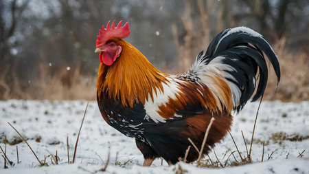 Beautiful rooster in winter landscape. Rooster in the snowの素材