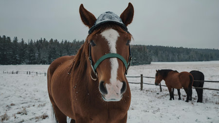 Horses in the snow in the winter. A portrait of a horse in winter.の素材