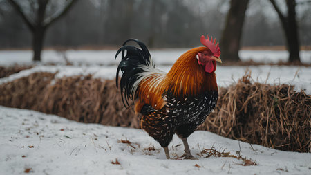 Beautiful rooster on a snowy field in the winter season.の素材