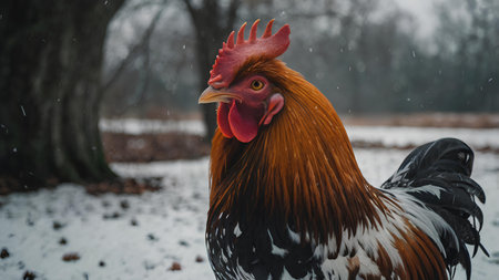 Beautiful rooster standing in the snow and looking at camera.の素材