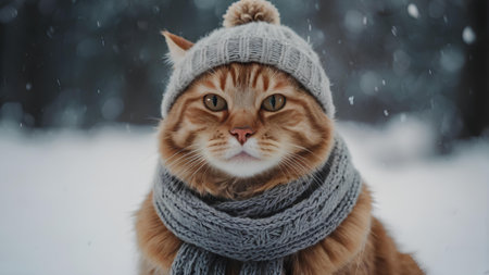Cute ginger cat in winter hat and scarf looking at camera.の素材