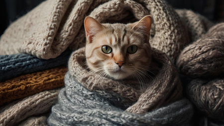 Cute cat wrapped in a warm scarf on a wooden background.の素材