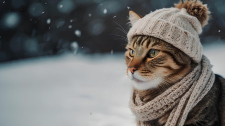 Cute tabby cat wearing a warm hat and scarf in the snowの素材