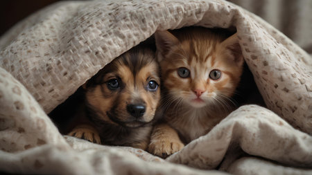 Cute little kitten and puppy under blanket on bed, closeupの素材