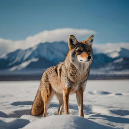 Portrait of a wild fox in the snow against the background of a mountain range.の素材