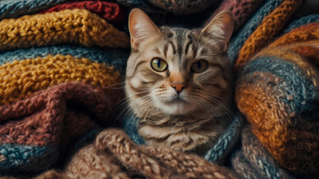 Cute cat lying on knitted plaid. Cozy home concept.の素材