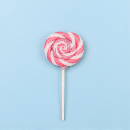 Colorful lollipop on blue background. Top view, flat layの素材