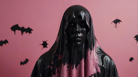 Halloween concept. Silhouette of a scary woman in a black robe with a hood and bats on a pink background.の素材