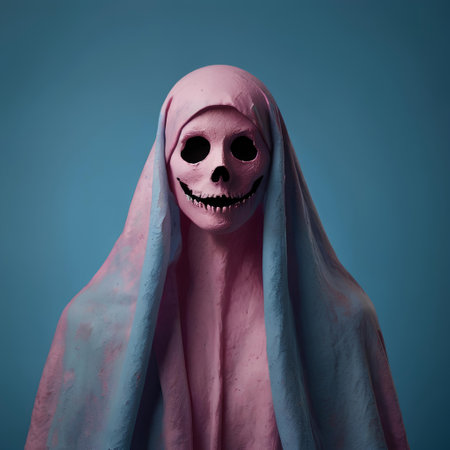Scary ghost with pink cloth on blue background. Halloween concept.の素材