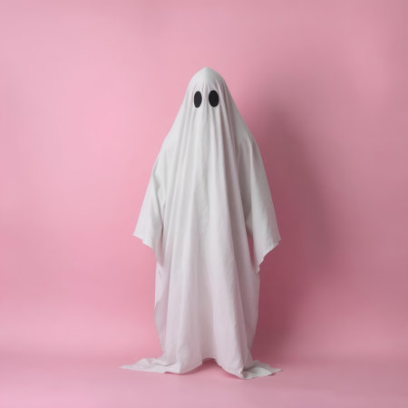 Halloween ghost on a pink background. Minimal Halloween concept.の素材
