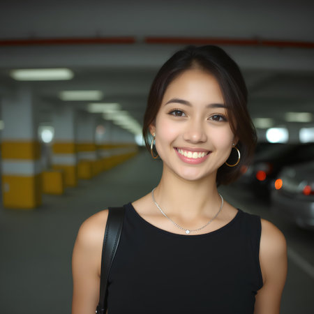 Portrait of a beautiful asian woman smiling in the underground parkingの素材
