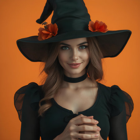 Beautiful young woman in witch hat and dress on orange background. Halloween.の素材