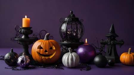 Halloween pumpkins, candles and black lantern on purple background.の素材
