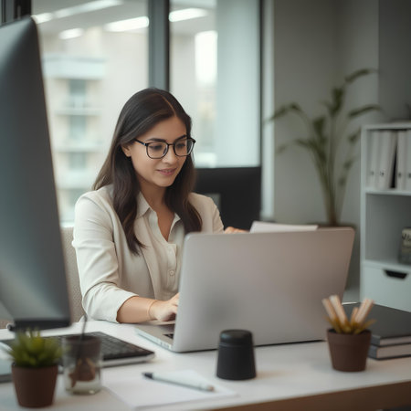 Portrait of young businesswoman in glasses using laptop while sitting at workplace in officeの素材
