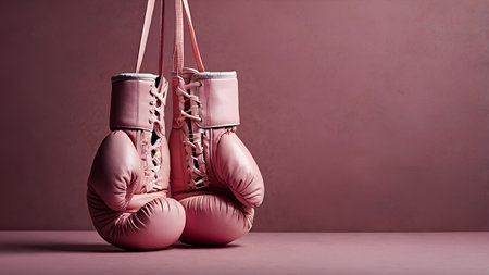 Pair of pink boxing gloves hanging on a pink background. 3d renderingの素材