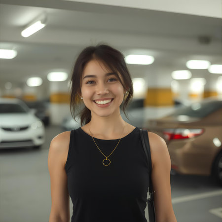 Portrait of a beautiful young asian woman smiling in the car parkの素材