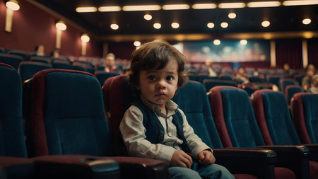 Cute little boy watching a movie in the cinema or theater.の素材