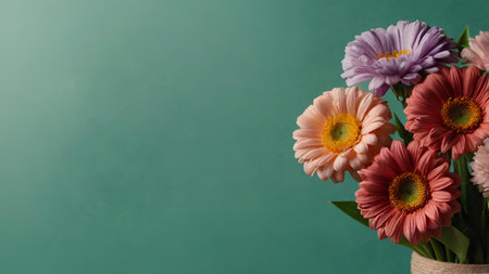 Bouquet of gerbera flowers on a green background.の素材