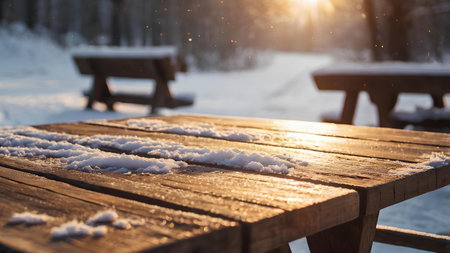 Wooden table covered with snow in the park at sunset. Winter backgroundの素材
