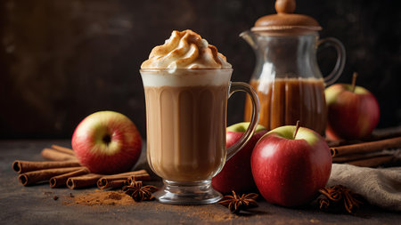 Cup of coffee with whipped cream, apples and cinnamon on dark backgroundの素材