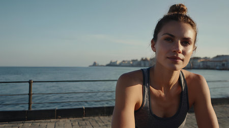 Portrait of beautiful young woman in sportswear on the promenade by the seaの素材