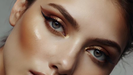 Close up portrait of a beautiful young woman with gold make-upの素材