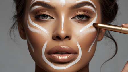 Beautiful young woman with cosmetic cream on face. Skin care conceptの素材