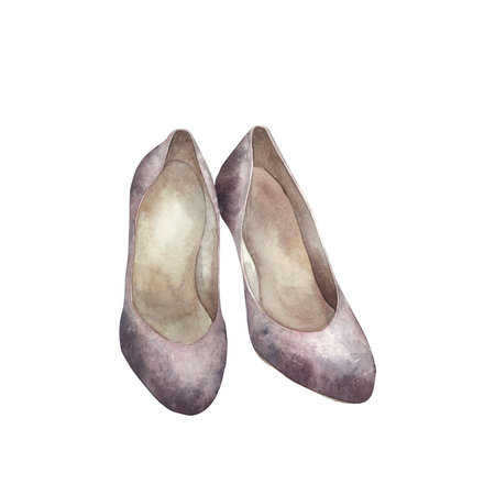 Velvet dusty pink vintage shoes. Watercolor. isolated. For printing banners, reproductions, posters, templates, stickers. Women's theme, wedding, beauty, fashion, vintage, theater, holidays, celebrationsの写真素材