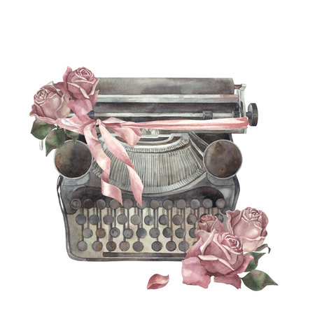 Typewriter, flowers, bowの写真素材