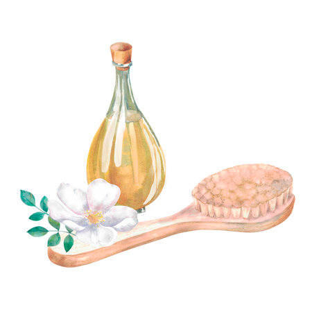 Oil for body.Painted by hand in watercolor. Designed for advertising, printing, web, beauty studios, fitness centers, women's clubsの写真素材