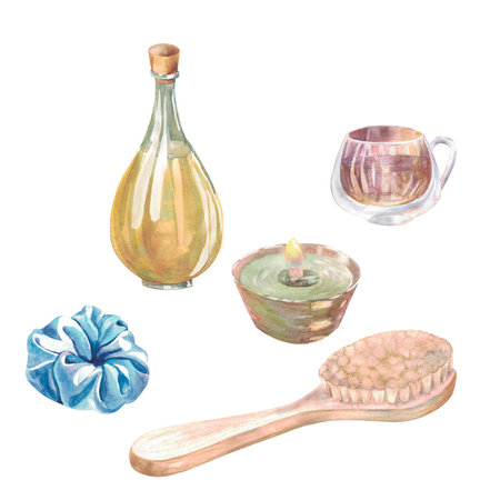 Massage brush.Painted by hand in watercolor. Designed for advertising, printing, web, beauty studios, fitness centers, women's clubsの写真素材