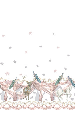 Peacocks, deer, horse. Coupon. Painted by hand in watercolor. Used in modern and stylish interior design, corporate identity, website design, printing, fabrics, clothing, books, packaging, postcards,の写真素材