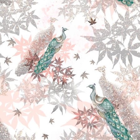 Peacocks and leaves. Pattern Painted by hand in watercolor. Used in modern and stylish interior design, corporate identity, website design, printing, fabrics, clothing, books, packaging, postcards, postersの写真素材