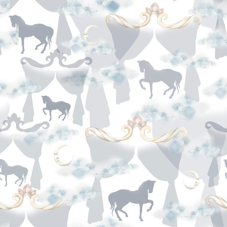horse in curtains. Pattern Painted by hand in watercolor. Used in modern and stylish interior design, corporate identity, website design, printing, fabrics, clothing, books, packaging, postcards, postersの写真素材