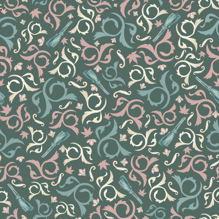 Monograms and brushes, green, pattern. Painted by hand in watercolor. Used in modern and stylish interior design, corporate identity, printing, fabrics, clothing, books, packaging, postcards, postersの写真素材