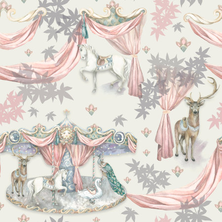 Animal carousel, brulee. Pattern Painted by hand in watercolor. Used in modern and stylish interior design, corporate identity, website design, printing, fabrics, clothing, books, packaging, postcards, postersの写真素材