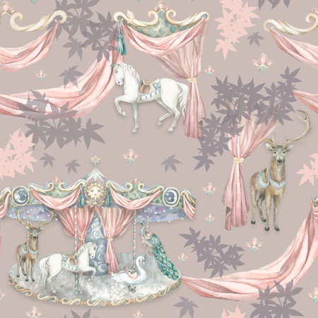 animal carousel. Pattern Painted by hand in watercolor. Used in modern and stylish interior design, corporate identity, website design, printing, fabrics, clothing, books, packaging, postcards, postersの写真素材