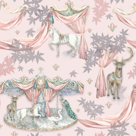 Animal carousel, pink. Pattern Painted by hand in watercolor. Used in modern and stylish interior design, corporate identity, website design, printing, fabrics, clothing, books, packaging, postcards, postersの写真素材