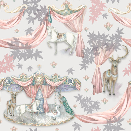 Animal carousel, grey. pattern. Painted by hand in watercolor. Used in modern and stylish interior design, corporate identity, website design, printing, fabrics, clothing, books, packaging, postcards, postersの写真素材