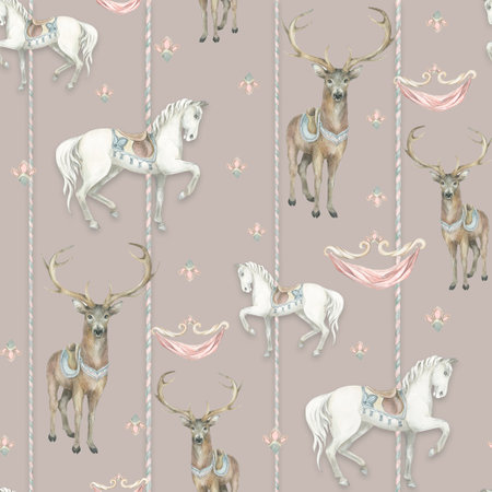 horses and deer. Stripes, cocoa, Pattern Painted by hand in watercolor. Used in modern and stylish interior design, corporate identity, website design, printing, fabrics, clothing, books, packaging, postcards, postersの写真素材