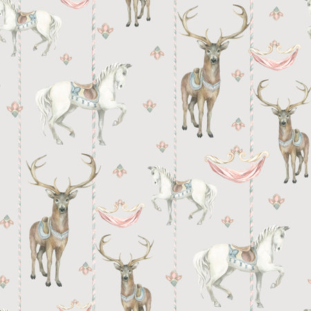 horses and deer. Stripes, grey. Pattern Painted by hand in watercolor. Used in modern and stylish interior design, corporate identity, website design, printing, fabrics, clothing, books, packaging, postcards, postersの写真素材