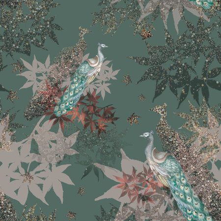 Peacocks and leaves, green. Pattern Painted by hand in watercolor. Used in modern and stylish interior design, corporate identity, website design, printing, fabrics, clothing, books, packaging, postcards, postersの写真素材