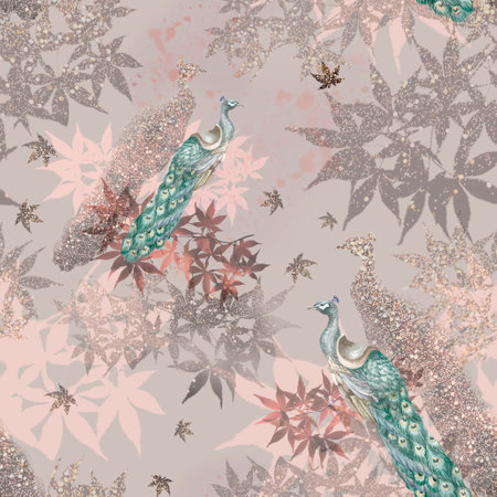Peacocks and leaves, cocoa. Pattern Painted by hand in watercolor. Used in modern and stylish interior design, corporate identity, website design, printing, fabrics, clothing, books, packaging, postcards, postersの写真素材