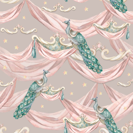 Peacocks and draperies, cocoa. Pattern Painted by hand in watercolor. Used in modern and stylish interior design, corporate identity, website design, printing, fabrics, clothing, books, packaging, postcards, postersの写真素材