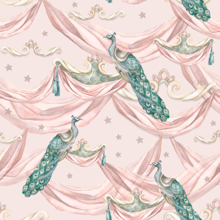 Peacocks and draperies, pink. Pattern Painted by hand in watercolor. Used in modern and stylish interior design, corporate identity, website design, printing, fabrics, clothing, books, packaging, postcards, postersの写真素材