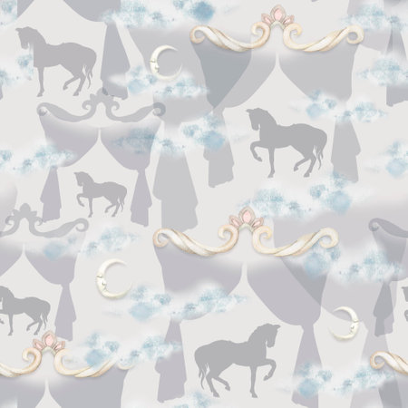 Horse in curtains, grey. Pattern Painted by hand in watercolor. Used in modern and stylish interior design, corporate identity, website design, printing, fabrics, clothing, books, packaging, postcards, postersの写真素材