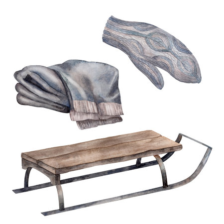 Sled, blanket, mitten Watercolor. Set. For prints, printing, stickers, tags, corporate identity, web design, invitations, patterns. Attribute of winter holidays. Hand drawnの写真素材