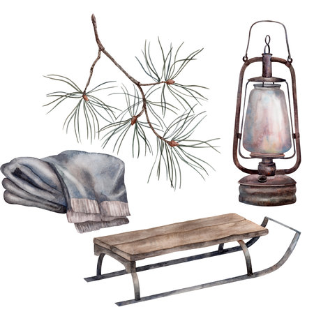 Sled, lantern, blanket, pine Watercolor. Set. For prints, printing, stickers, tags, corporate identity, web design, invitations, patterns. Attribute of winter holidays. Hand drawnの写真素材