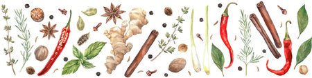 Spices. Watercolor. set. Illustration for clipart. Designed for menus, culinary blogs, packaging, textiles, web design, sites, stickers, invitations, patterns, logos. Drawn by hand.の写真素材